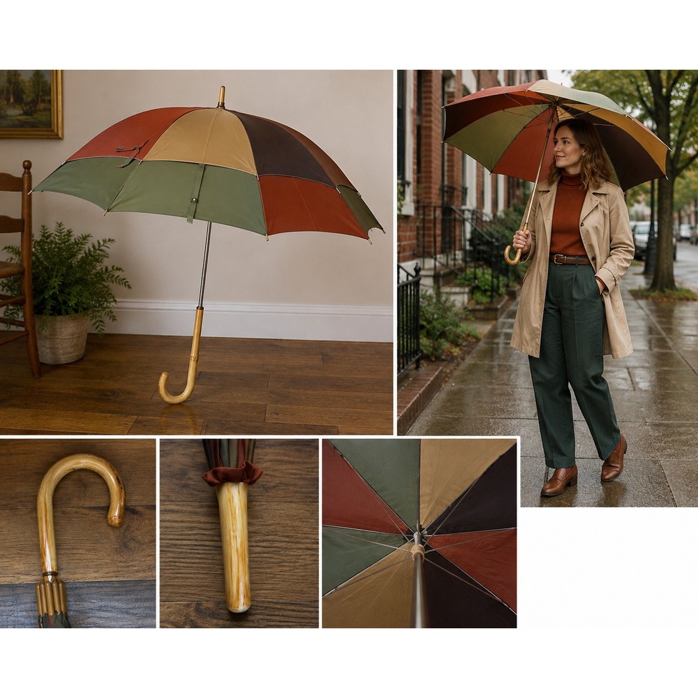 Vintage 1960s Full Size Umbrella Multi Color Earth Tones Wood Hook Handle